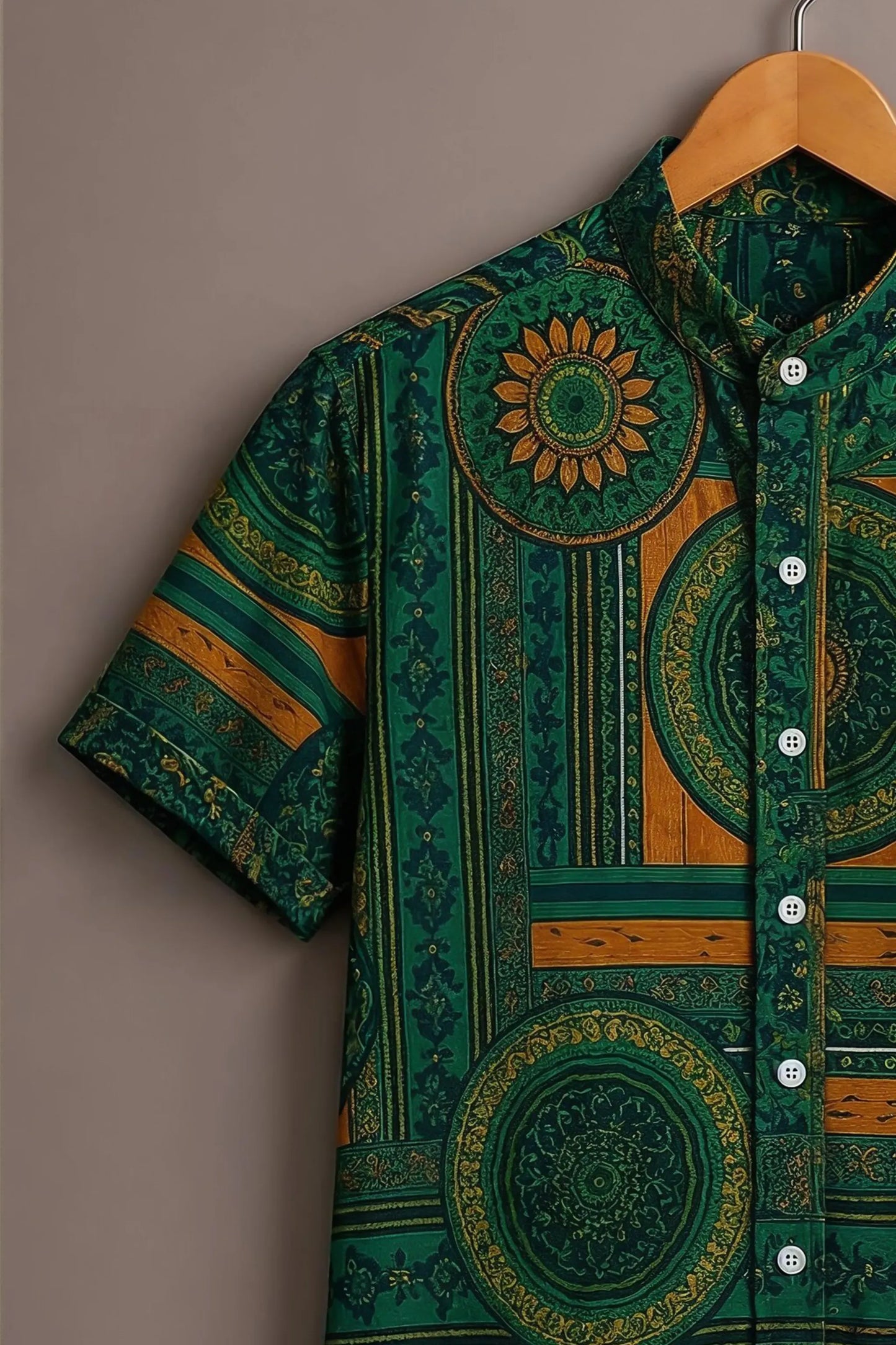 Twinwit Premium Green Mandala Geometric Printed Mandarin Collar Half Sleeve Casual Shirt for Men | Ethnic Abstract Cotton Blend Streetwear Fashion Shirt