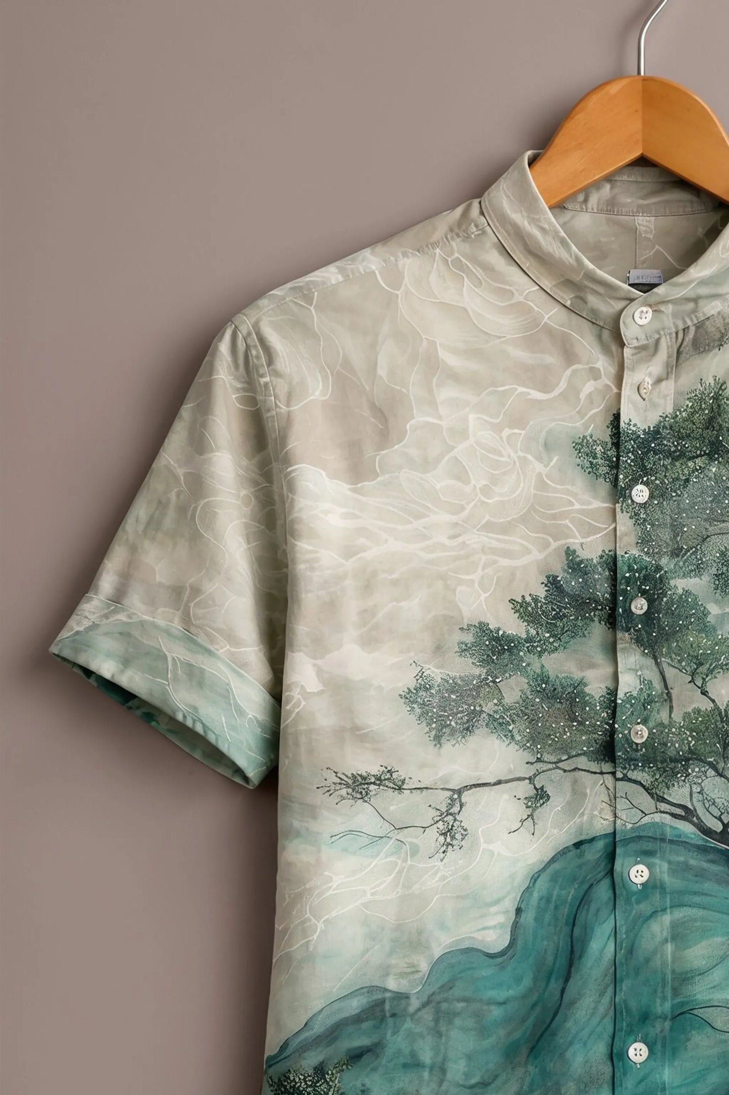 Twinwit Premium Artistic Landscape Printed Mandarin Collar Half Sleeve Casual Shirt for Men | Nature Inspired Cotton Blend Streetwear Fashion Shirt