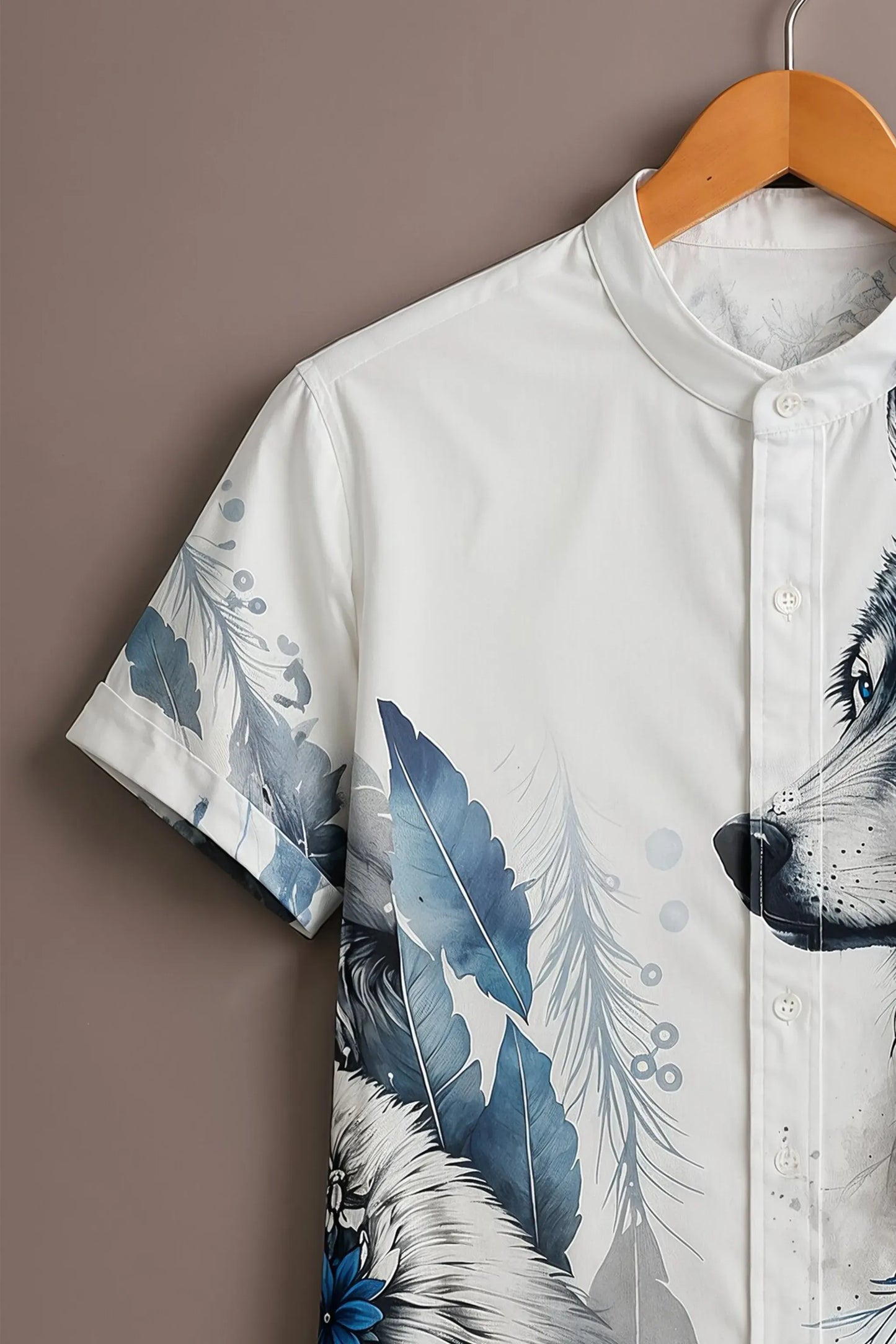 Twinwit Premium White Wolf Graphic Printed Mandarin Collar Half Sleeve Casual Shirt for Men | Artistic Animal Print Cotton Blend Streetwear Fashion Shirt