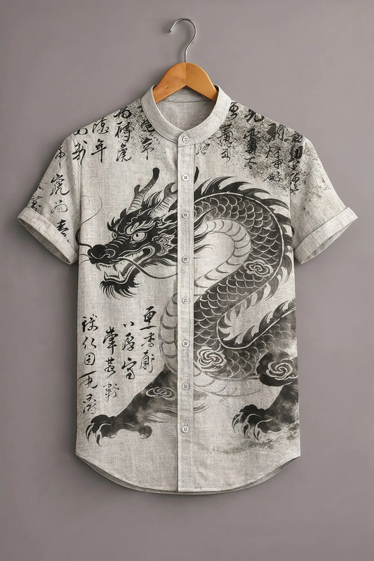 Twinwit Premium Japanese Dragon Graphic Printed Mandarin Collar Half Sleeve Casual Shirt for Men | Oriental Art Cotton Blend Streetwear Fashion Shirt