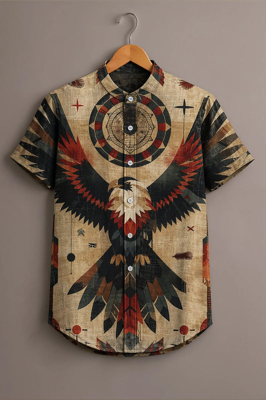 Twinwit Premium Vintage Eagle Graphic Printed Mandarin Collar Half Sleeve Casual Shirt for Men | Oversized Streetwear | Cotton Blend Fashion Shirt