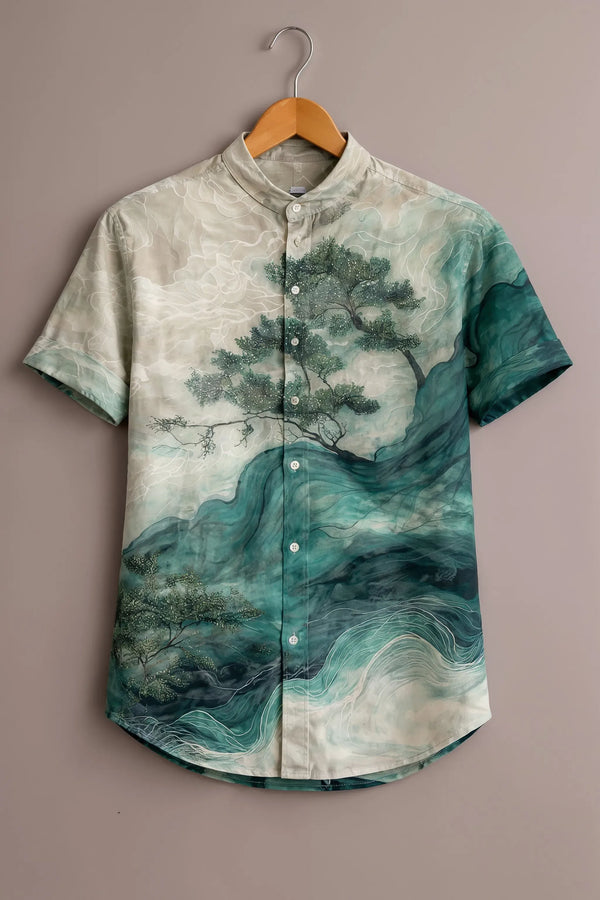 Twinwit Premium Artistic Landscape Printed Mandarin Collar Half Sleeve Casual Shirt for Men | Nature Inspired Cotton Blend Streetwear Fashion Shirt