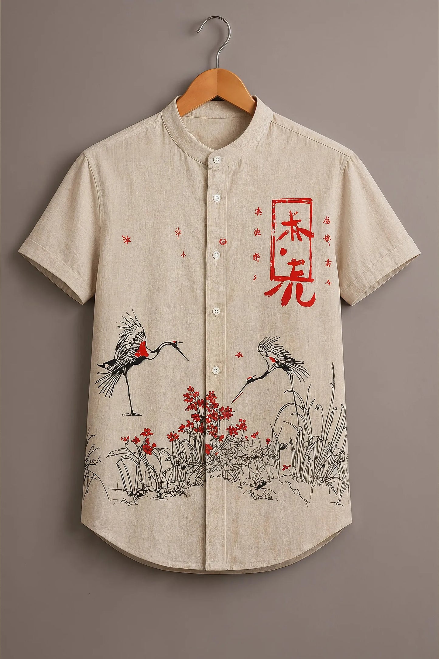 Twinwit Premium Japanese Crane Art Printed Mandarin Collar Half Sleeve Casual Shirt for Men | Oriental Minimalist Cotton Blend Designer Streetwear Shirt