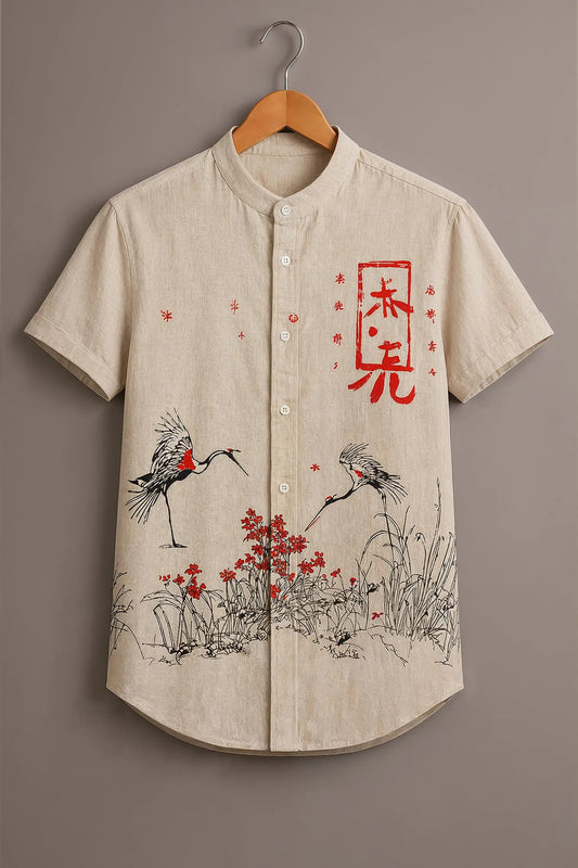 Twinwit Premium Japanese Crane Art Printed Mandarin Collar Half Sleeve Casual Shirt for Men | Oriental Minimalist Cotton Blend Designer Streetwear Shirt