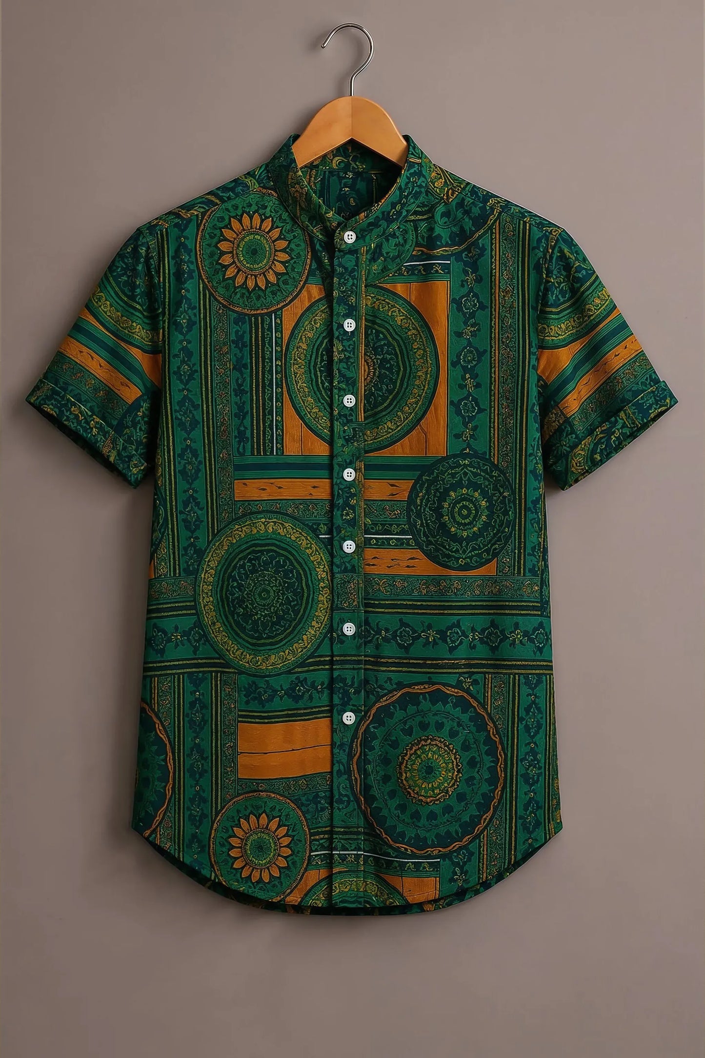 Twinwit Premium Green Mandala Geometric Printed Mandarin Collar Half Sleeve Casual Shirt for Men | Ethnic Abstract Cotton Blend Streetwear Fashion Shirt