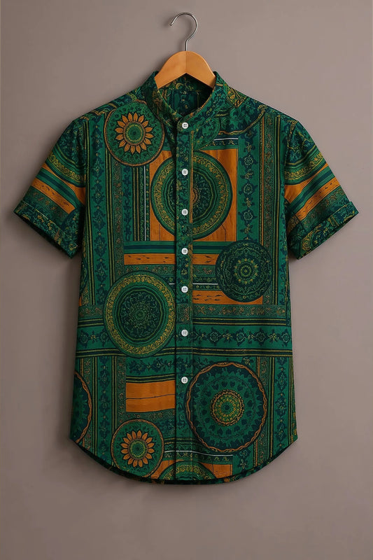 Twinwit Premium Green Mandala Geometric Printed Mandarin Collar Half Sleeve Casual Shirt for Men | Ethnic Abstract Cotton Blend Streetwear Fashion Shirt