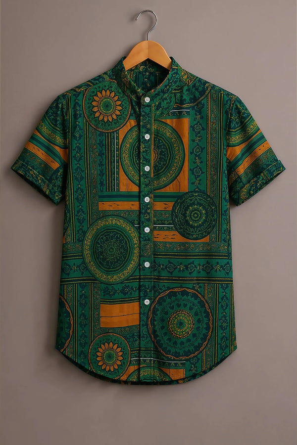 Twinwit Premium Green Mandala Geometric Printed Mandarin Collar Half Sleeve Casual Shirt for Men | Ethnic Abstract Cotton Blend Streetwear Fashion Shirt