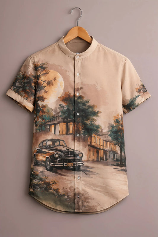 Twinwit Premium Vintage Classic Car Scenic Printed Mandarin Collar Half Sleeve Casual Shirt for Men | Artistic Landscape Cotton Blend Streetwear Fashion Shirt