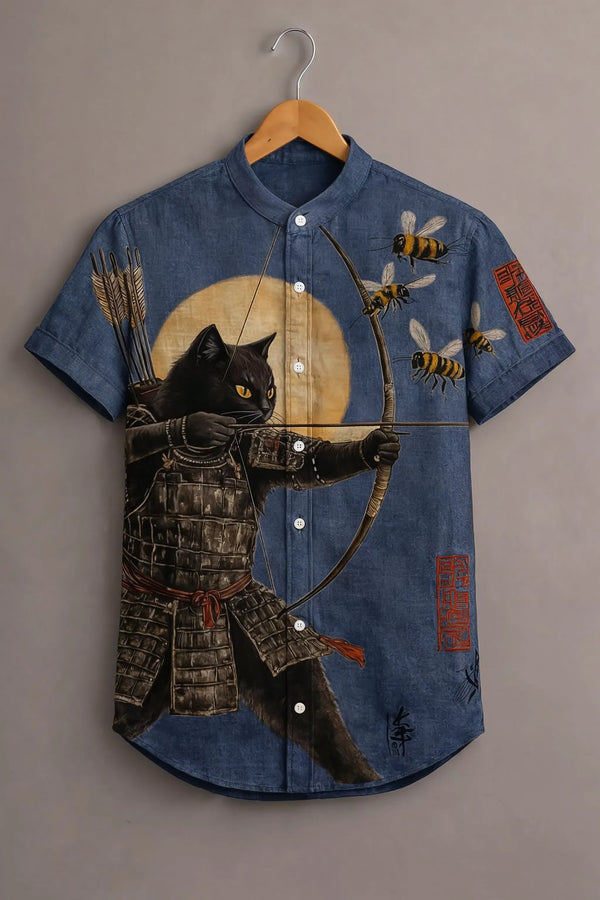 Twinwit Premium Samurai Cat Graphic Printed Mandarin Collar Half Sleeve Casual Shirt for Men | Artistic Animal Cotton Blend Streetwear Fashion Shirt