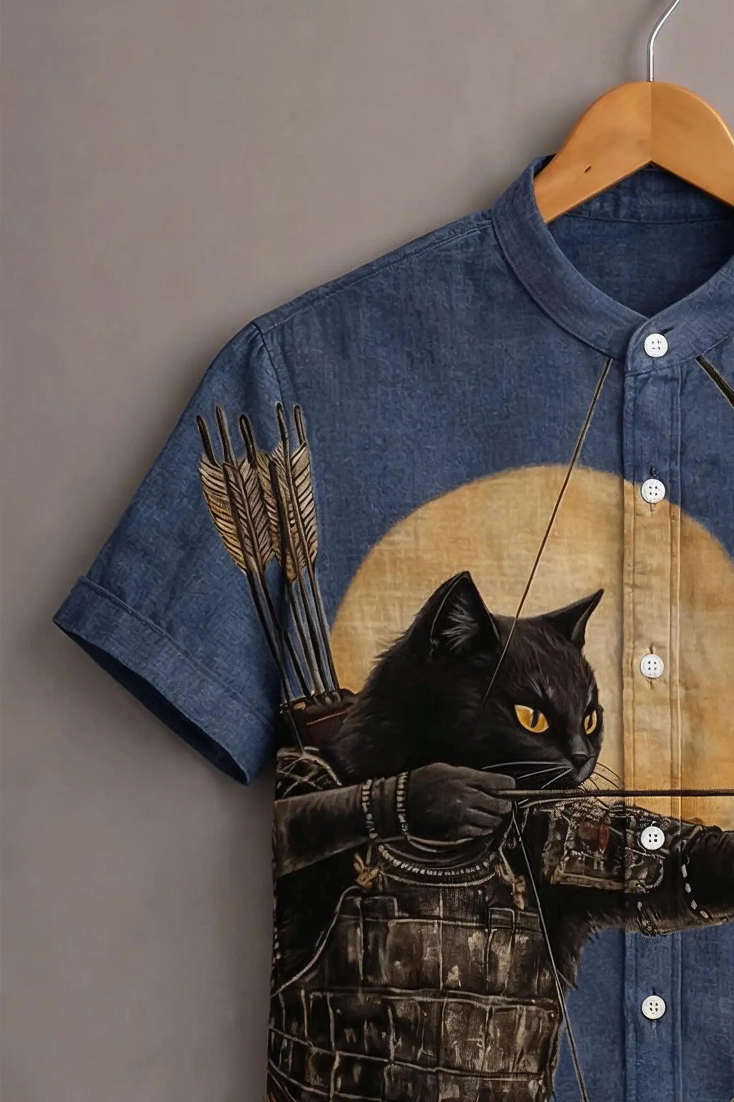 Twinwit Premium Samurai Cat Graphic Printed Mandarin Collar Half Sleeve Casual Shirt for Men | Artistic Animal Cotton Blend Streetwear Fashion Shirt