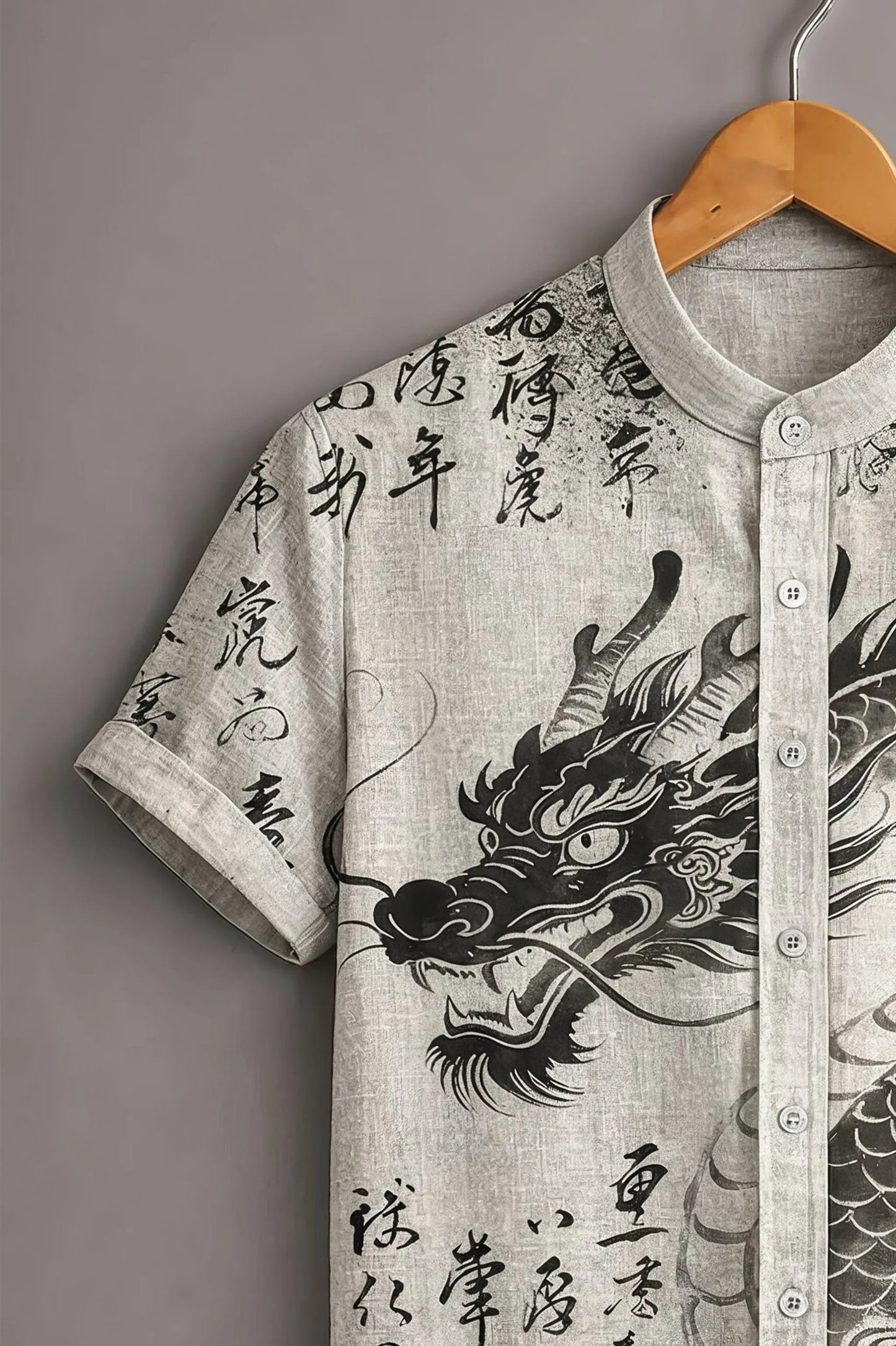 Twinwit Premium Japanese Dragon Graphic Printed Mandarin Collar Half Sleeve Casual Shirt for Men | Oriental Art Cotton Blend Streetwear Fashion Shirt