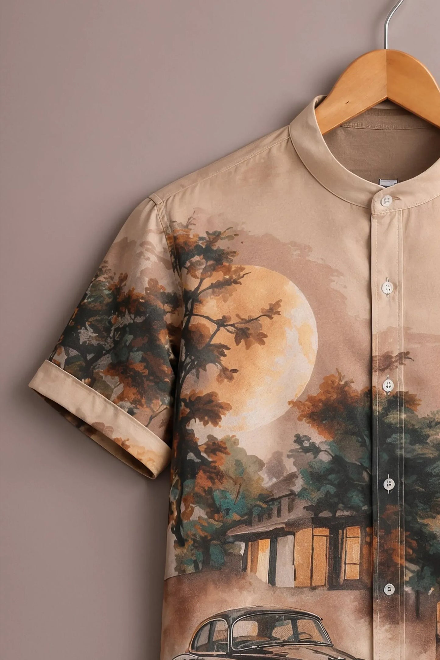 Twinwit Premium Vintage Classic Car Scenic Printed Mandarin Collar Half Sleeve Casual Shirt for Men | Artistic Landscape Cotton Blend Streetwear Fashion Shirt