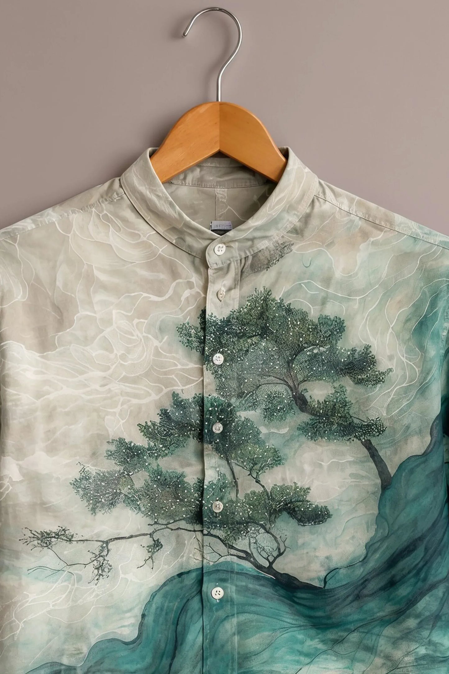 Twinwit Premium Artistic Landscape Printed Mandarin Collar Half Sleeve Casual Shirt for Men | Nature Inspired Cotton Blend Streetwear Fashion Shirt