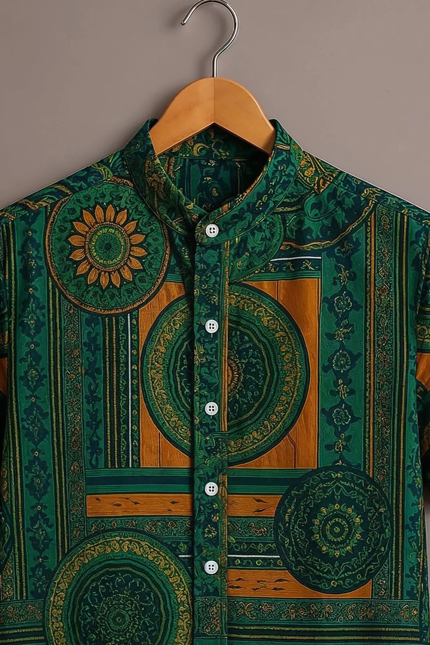 Twinwit Premium Green Mandala Geometric Printed Mandarin Collar Half Sleeve Casual Shirt for Men | Ethnic Abstract Cotton Blend Streetwear Fashion Shirt