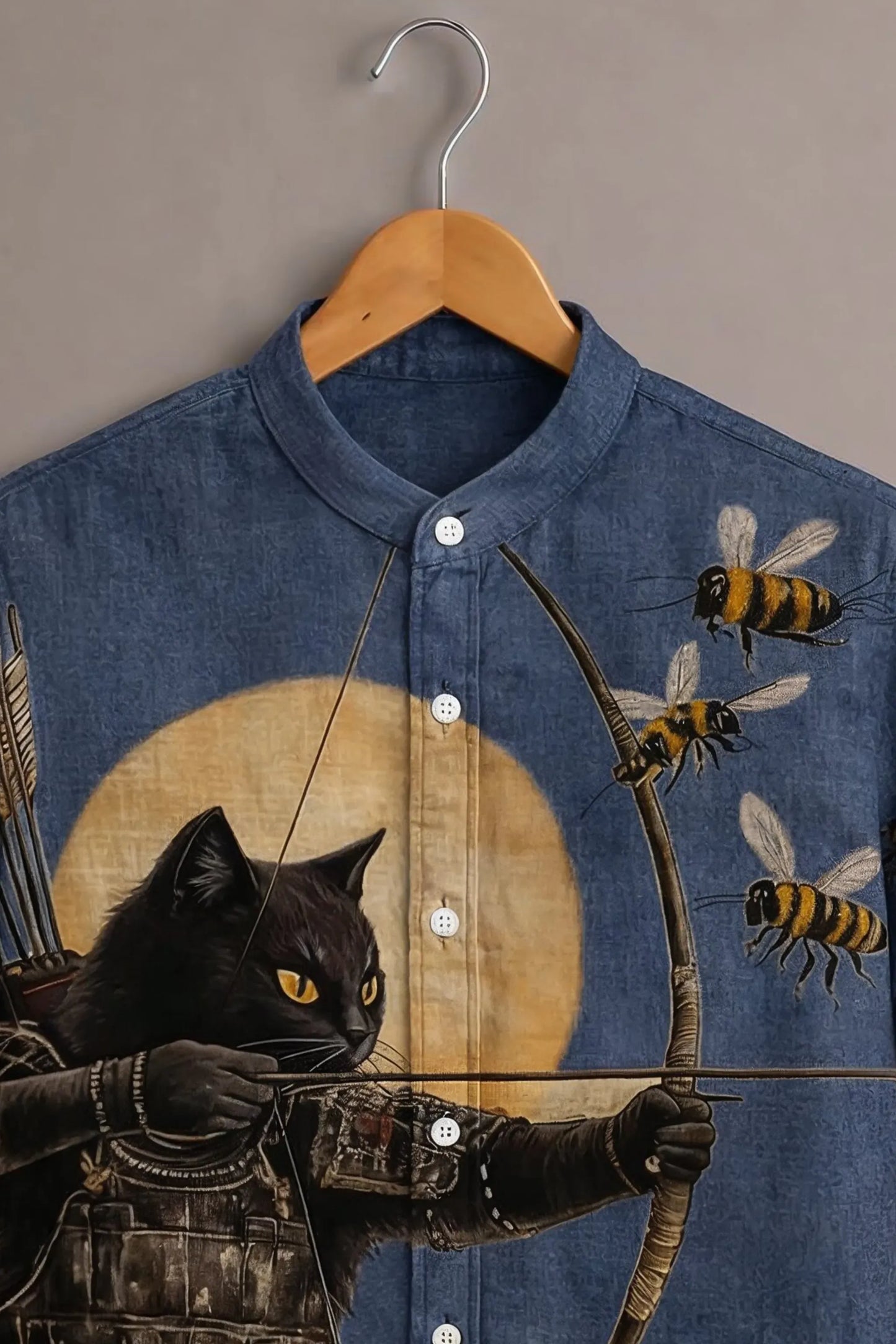 Twinwit Premium Samurai Cat Graphic Printed Mandarin Collar Half Sleeve Casual Shirt for Men | Artistic Animal Cotton Blend Streetwear Fashion Shirt