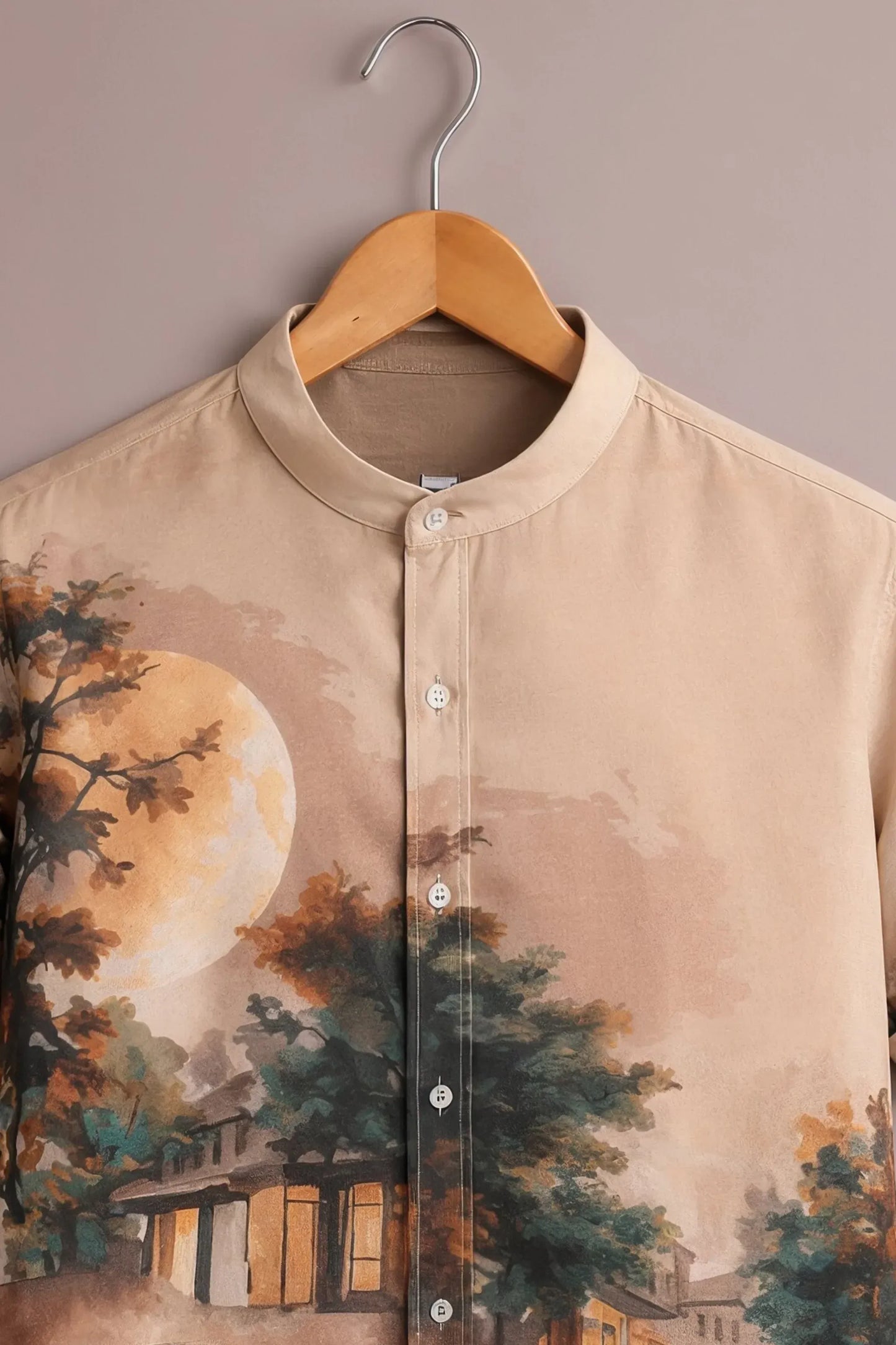 Twinwit Premium Vintage Classic Car Scenic Printed Mandarin Collar Half Sleeve Casual Shirt for Men | Artistic Landscape Cotton Blend Streetwear Fashion Shirt