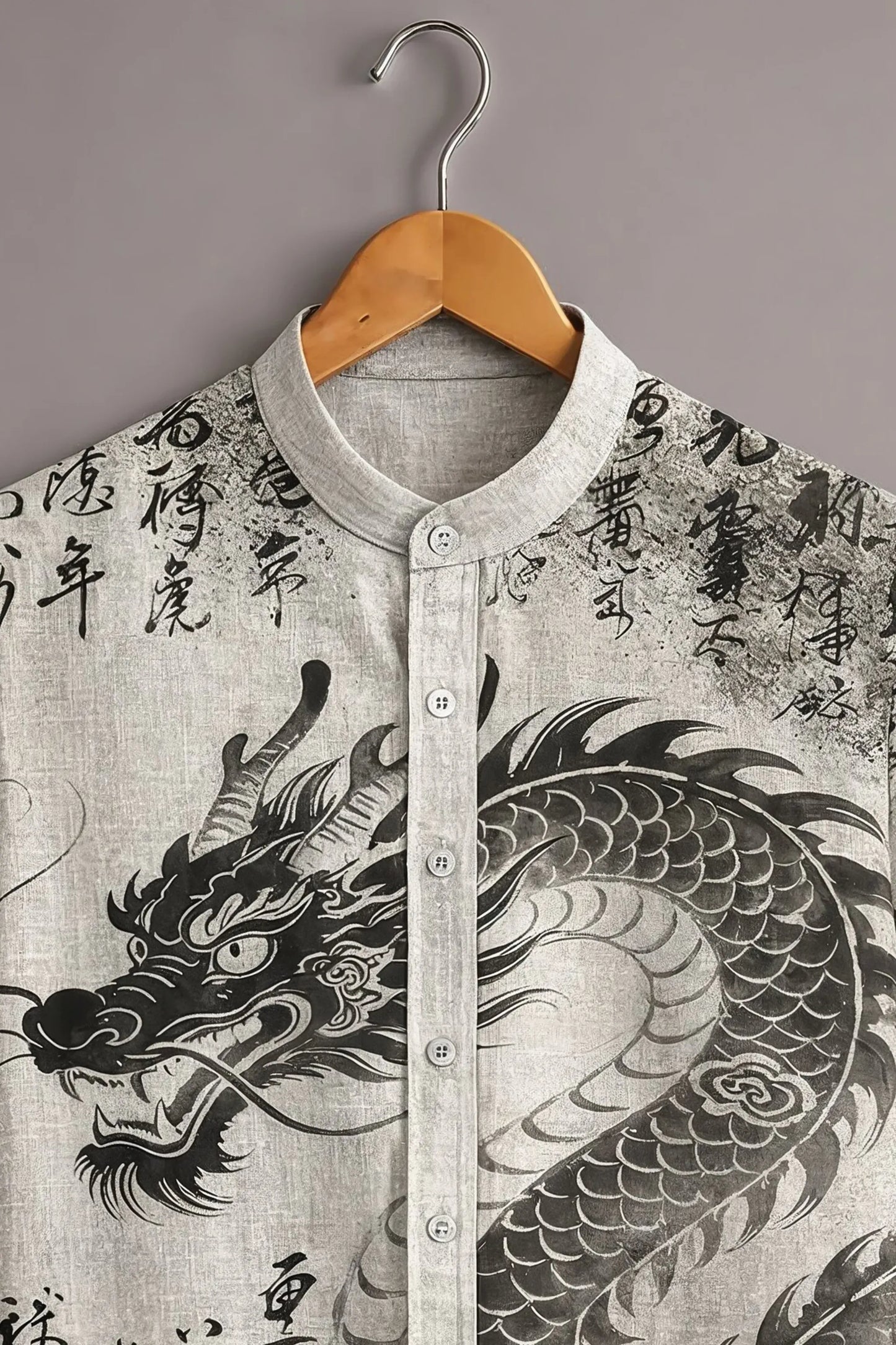 Twinwit Premium Japanese Dragon Graphic Printed Mandarin Collar Half Sleeve Casual Shirt for Men | Oriental Art Cotton Blend Streetwear Fashion Shirt