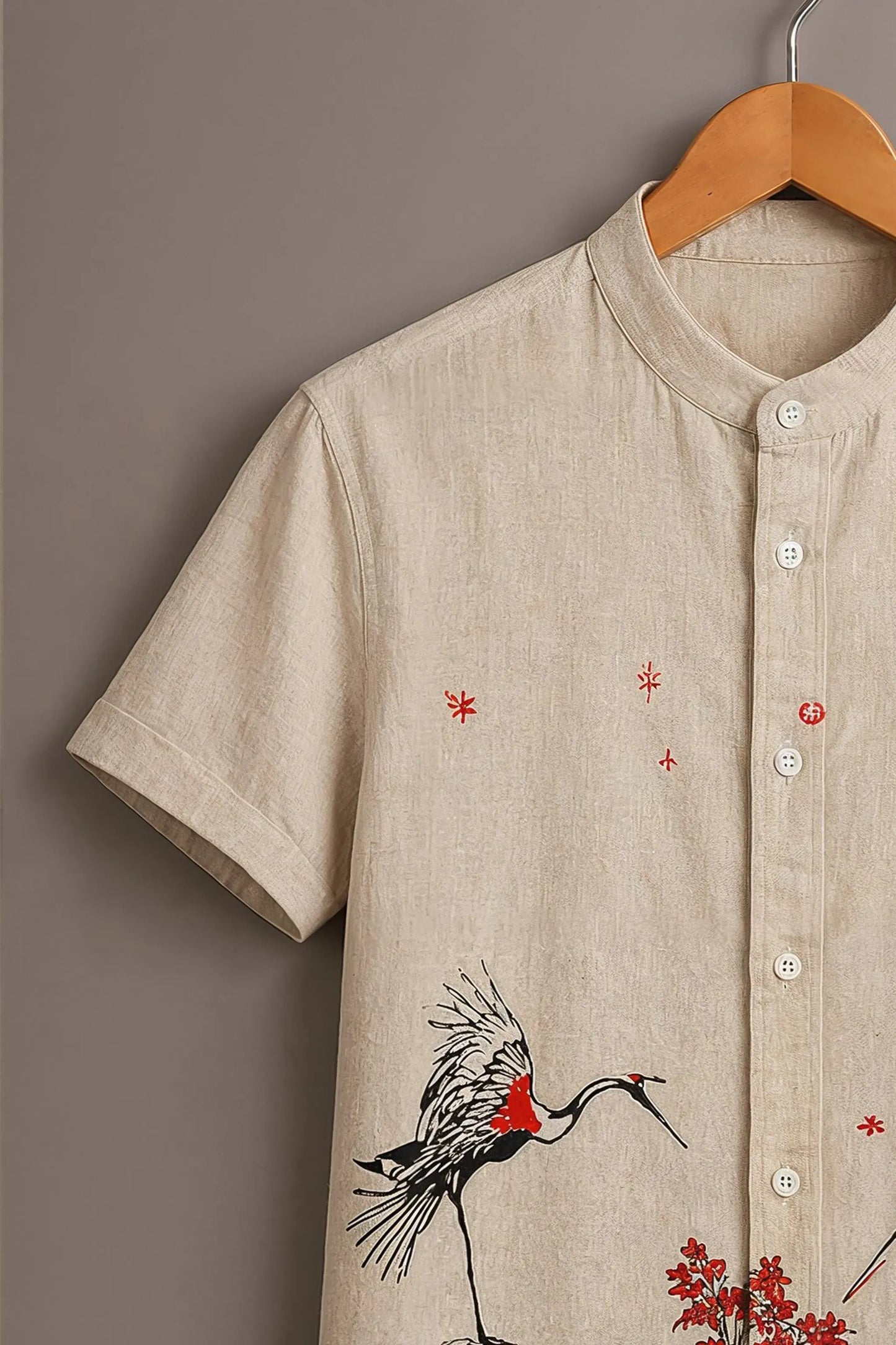 Twinwit Premium Japanese Crane Art Printed Mandarin Collar Half Sleeve Casual Shirt for Men | Oriental Minimalist Cotton Blend Designer Streetwear Shirt