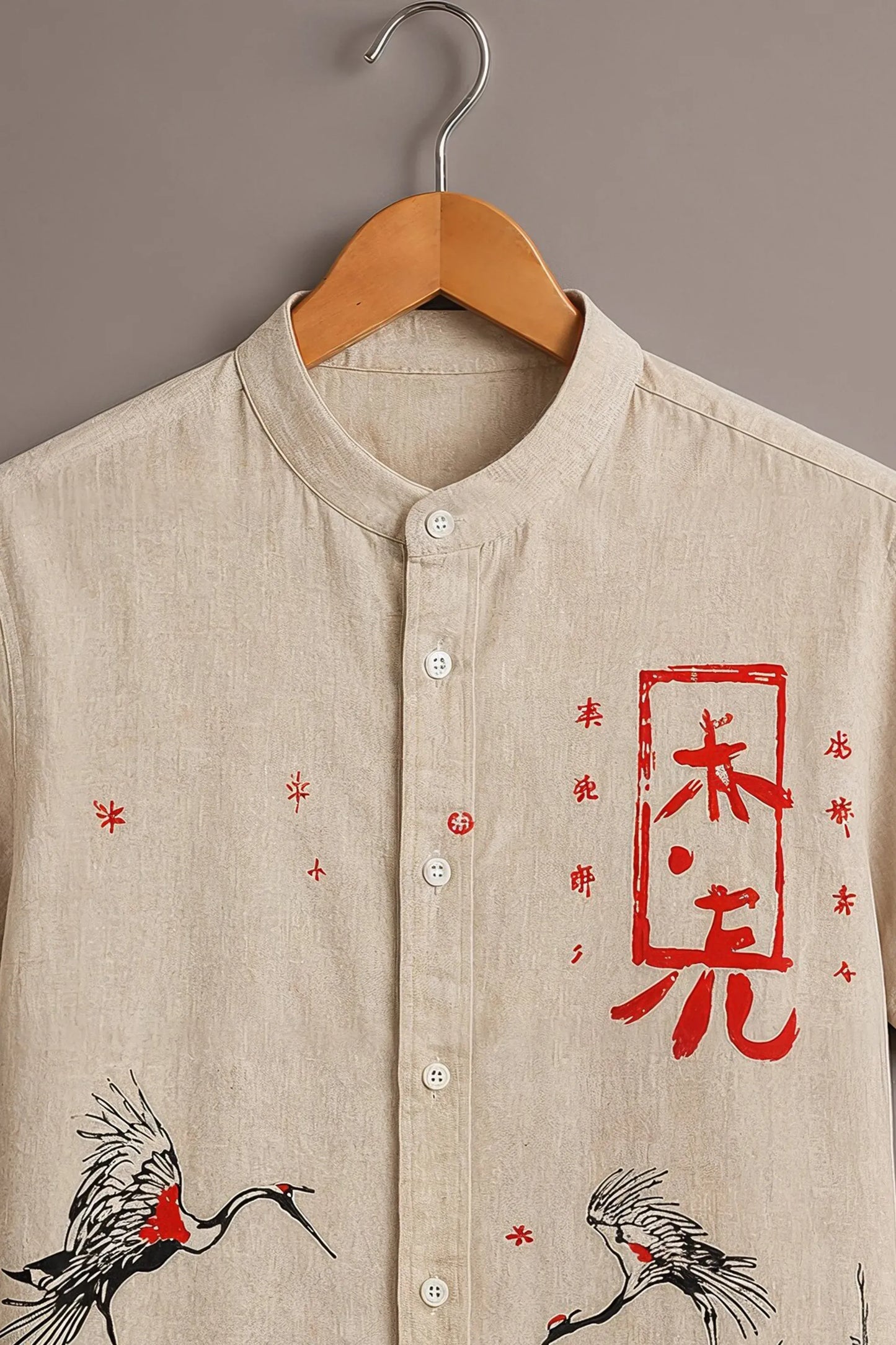 Twinwit Premium Japanese Crane Art Printed Mandarin Collar Half Sleeve Casual Shirt for Men | Oriental Minimalist Cotton Blend Designer Streetwear Shirt
