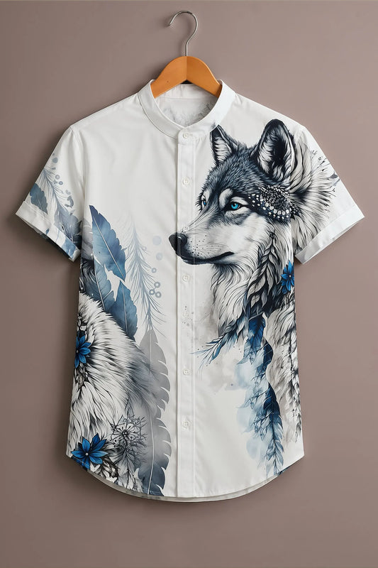 Twinwit Premium White Wolf Graphic Printed Mandarin Collar Half Sleeve Casual Shirt for Men | Artistic Animal Print Cotton Blend Streetwear Fashion Shirt