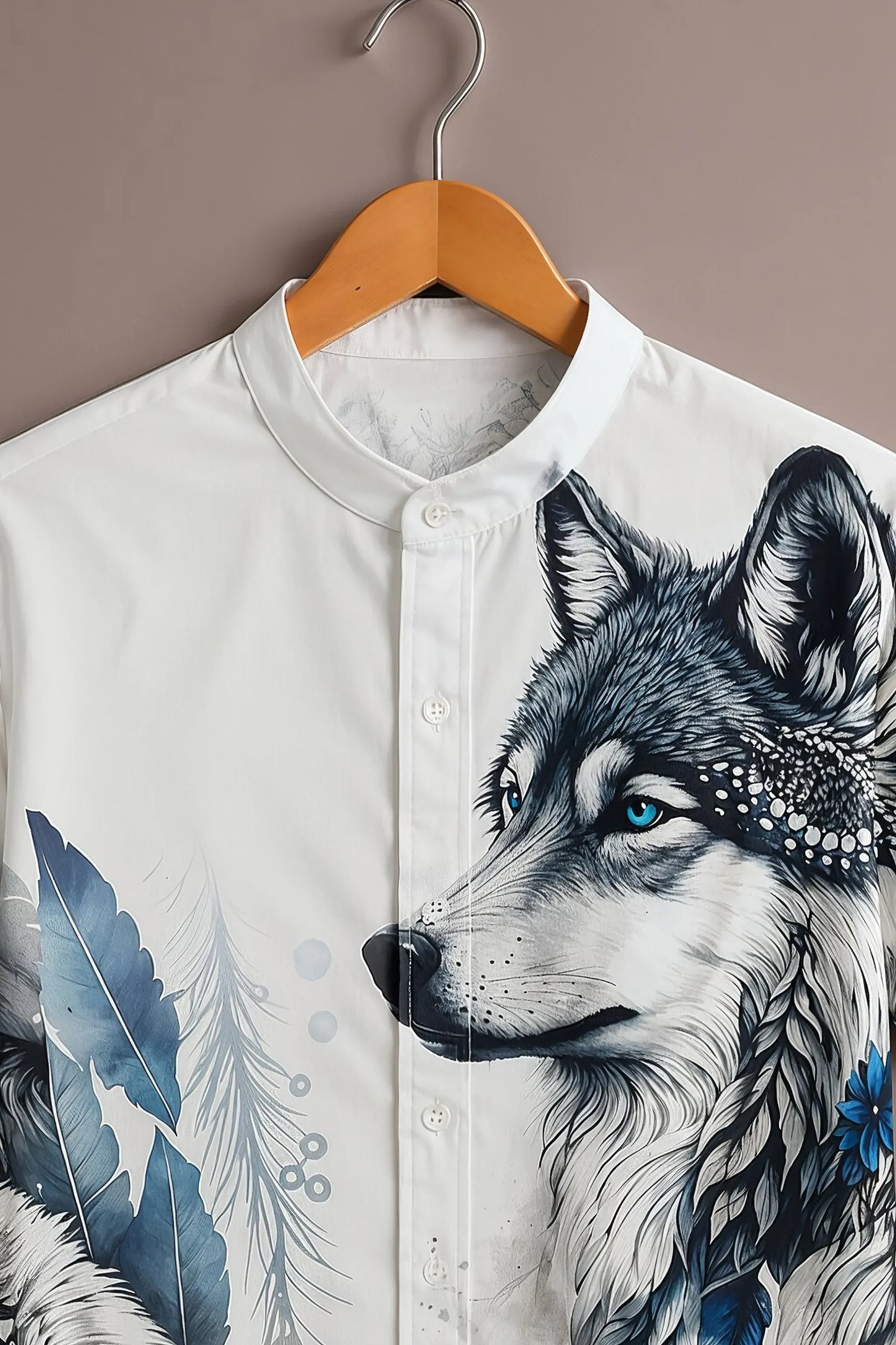Twinwit Premium White Wolf Graphic Printed Mandarin Collar Half Sleeve Casual Shirt for Men | Artistic Animal Print Cotton Blend Streetwear Fashion Shirt